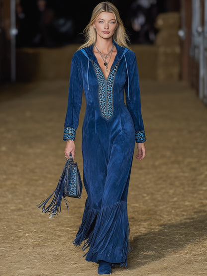 Western-style Blue Faux Suede Patchwork Leopard Print Tassel Maxi Dress