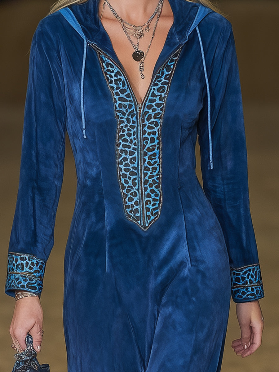 Western-style Blue Faux Suede Patchwork Leopard Print Tassel Maxi Dress