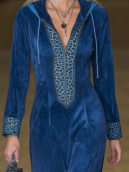 Western-style Blue Faux Suede Patchwork Leopard Print Tassel Maxi Dress