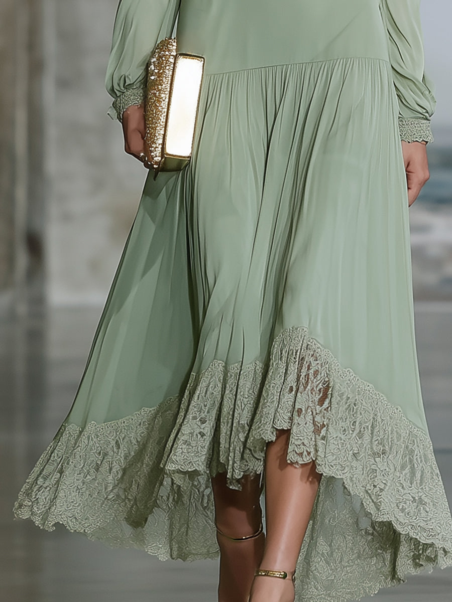Elegant Green Chiffon V-neck Spliced lace Maxi Dress