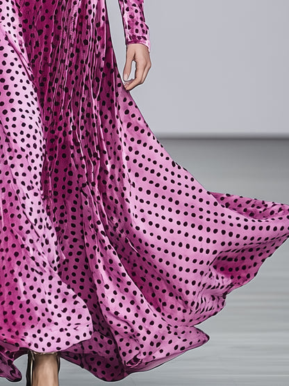 Elegant Pink Lapel Black Polka Dot Maxi Dress