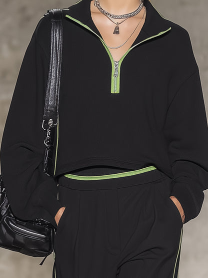 Stylish Black Pure Cotton Half-zip Sweatshirt And Wide-leg Pants Set.