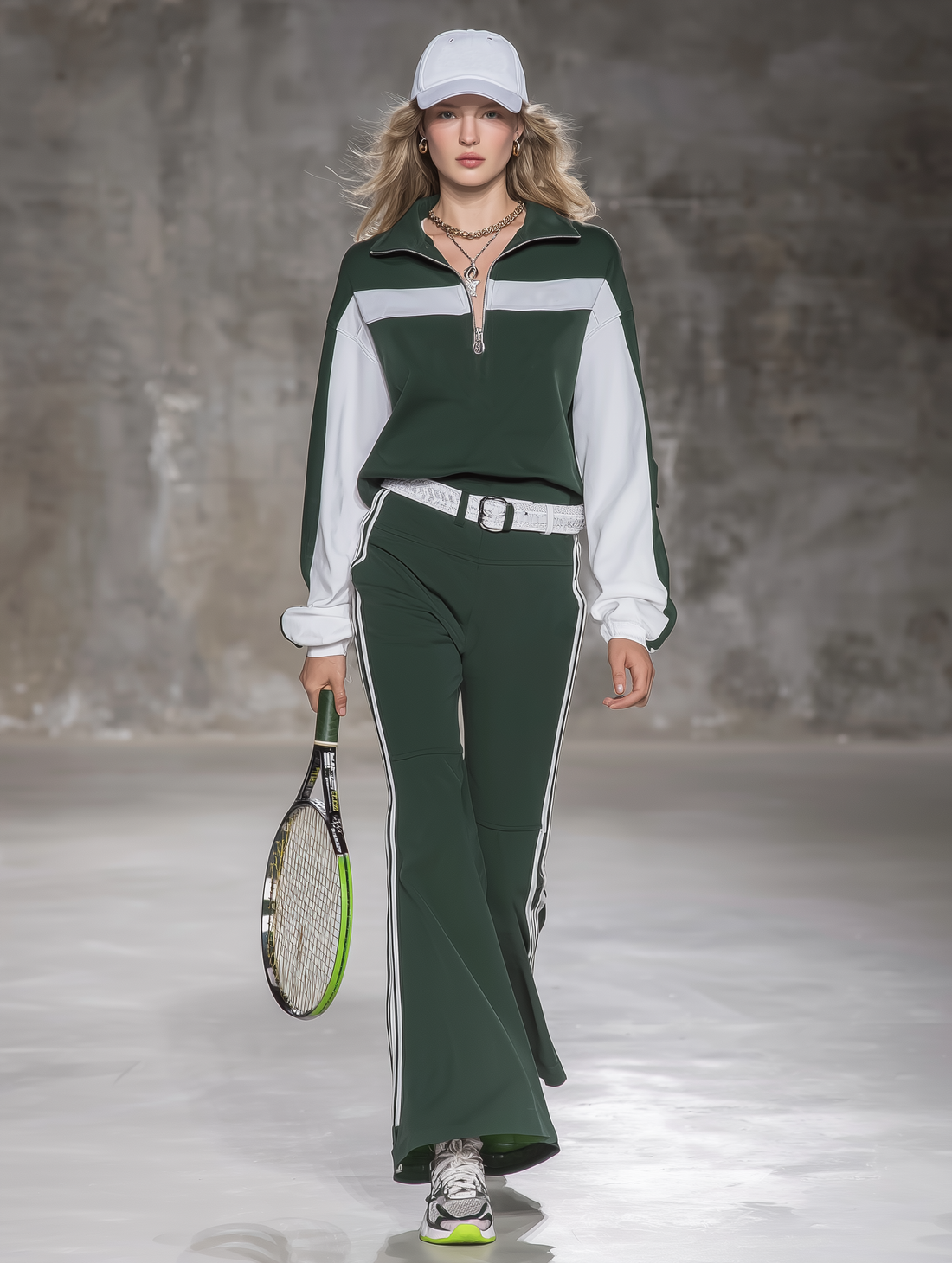 Casual Green And White Color-blocked Half-zip Sweatshirt And Flared Pants Set.