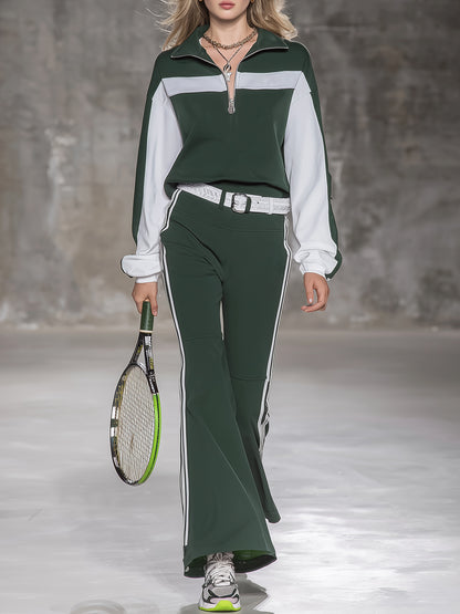 Casual Green And White Color-blocked Half-zip Sweatshirt And Flared Pants Set.