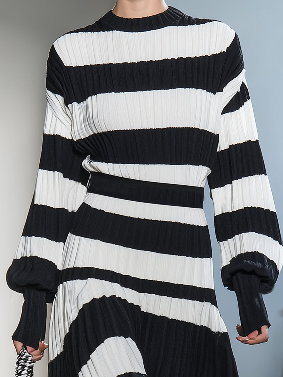 Fashionable Black And White Striped Long-sleeved Midi Dress