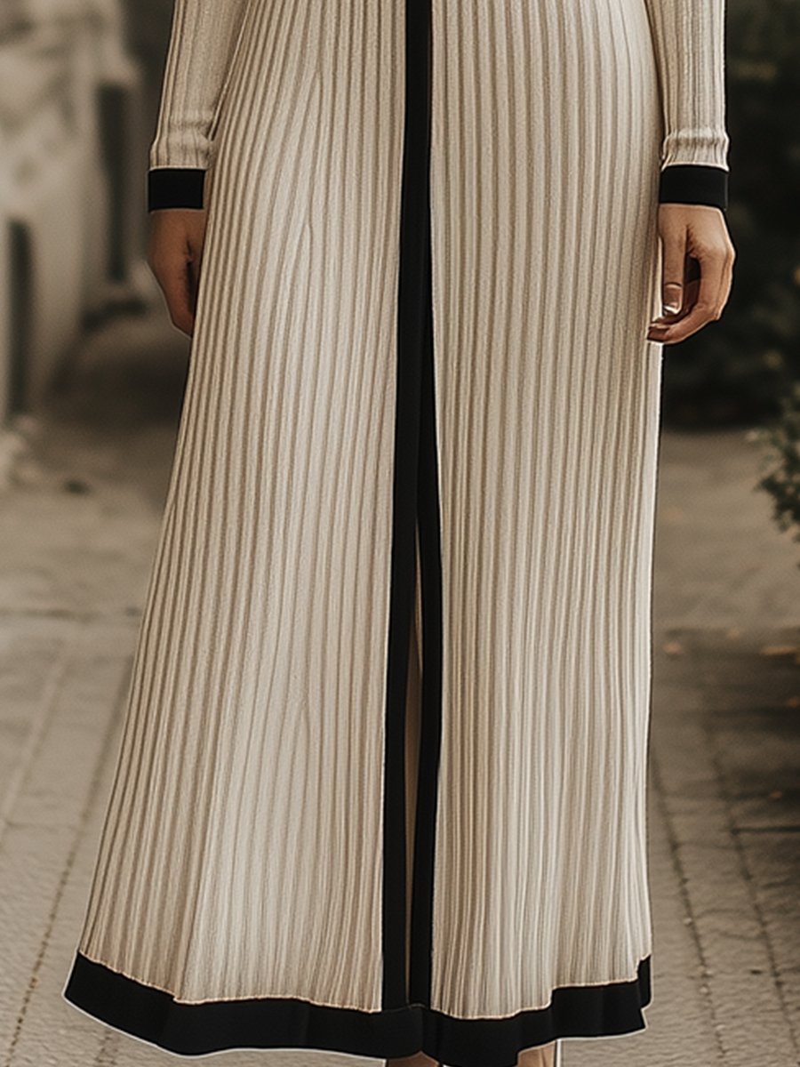 Casual Fashion Round Neck Contrast Trim Long Sleeve Slit Knitted Maxi Dress