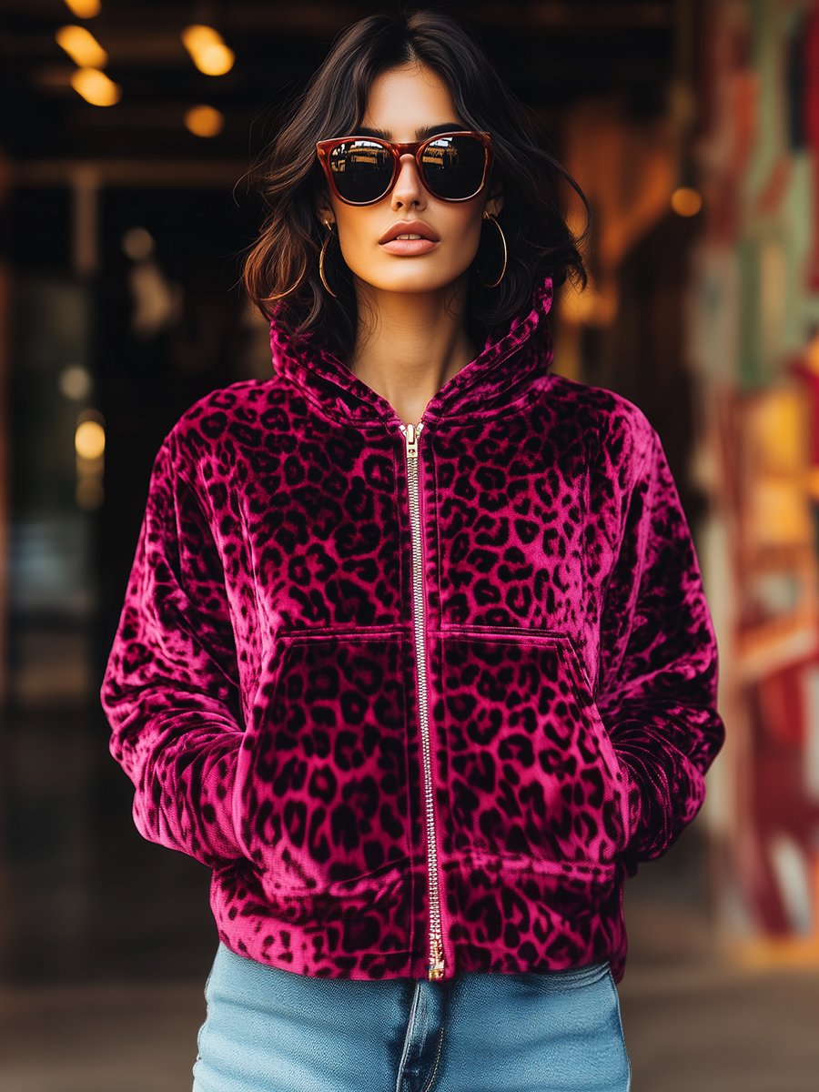 Fashion Retro Eye-catching Hooded Zipper Velvet Leopard Print Jacket