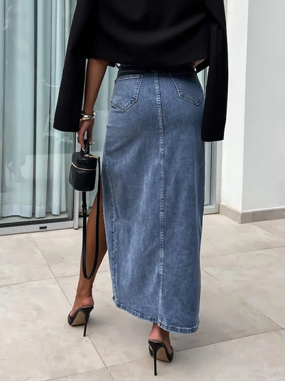 Fashion Street Retro High Waist Irregular Slit Denim Skirt