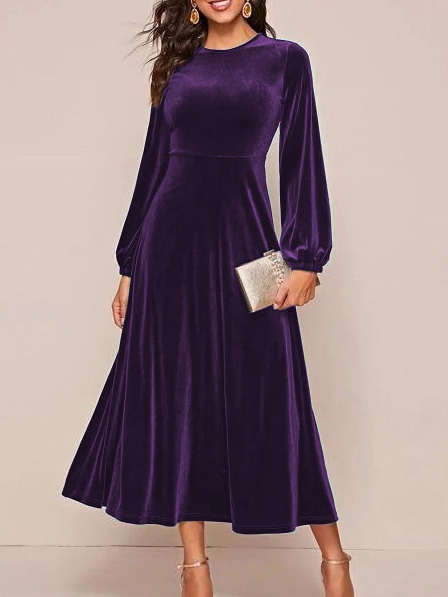 Retro Fashion Round Neck Long Sleeves Long Gold Velvet Dress