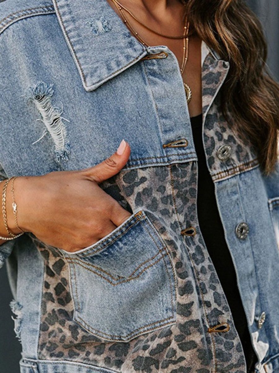 Retro Fashion Leopard Print Long Sleeve Denim Jacket