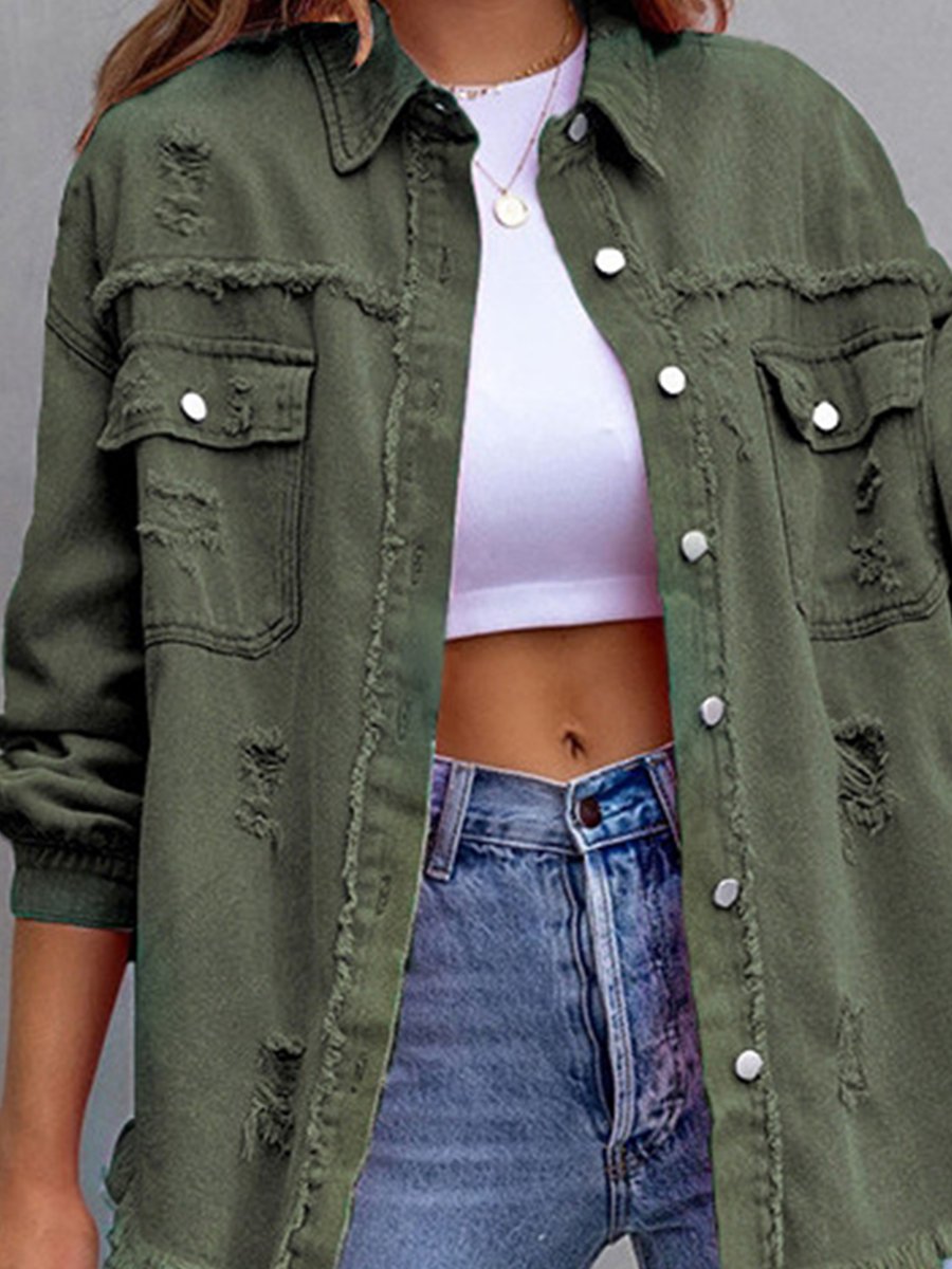 Fashionable Casual Solid Color Mid-length Ripped Long-sleeved Denim Jacket