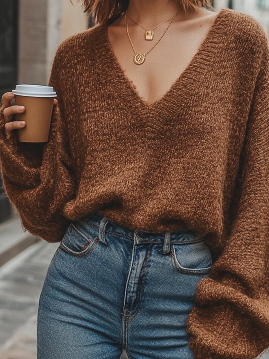 Casual Lazy V-neck Loose Fit Sweater