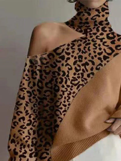 Fashion Retro High Neck Off Shoulder Leopard Print Long Sleeve Knit Sweater