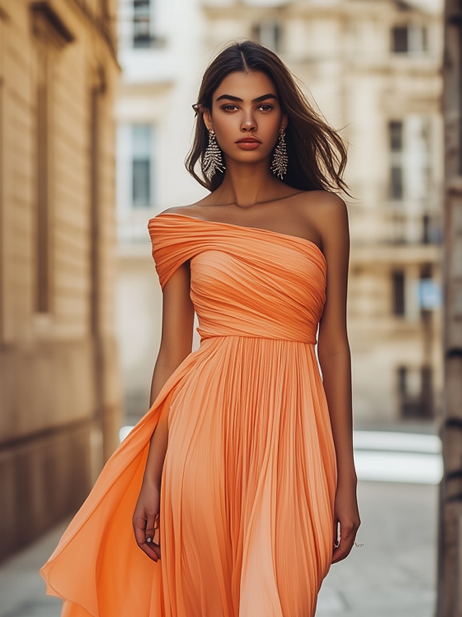 Graceful Off-The-Shoulder Coral Chiffon Maxi Dress