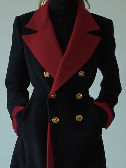 Retro Fashion Lapel Contrast Color Stitching Gold Button Slim Fit Mid-length Coat