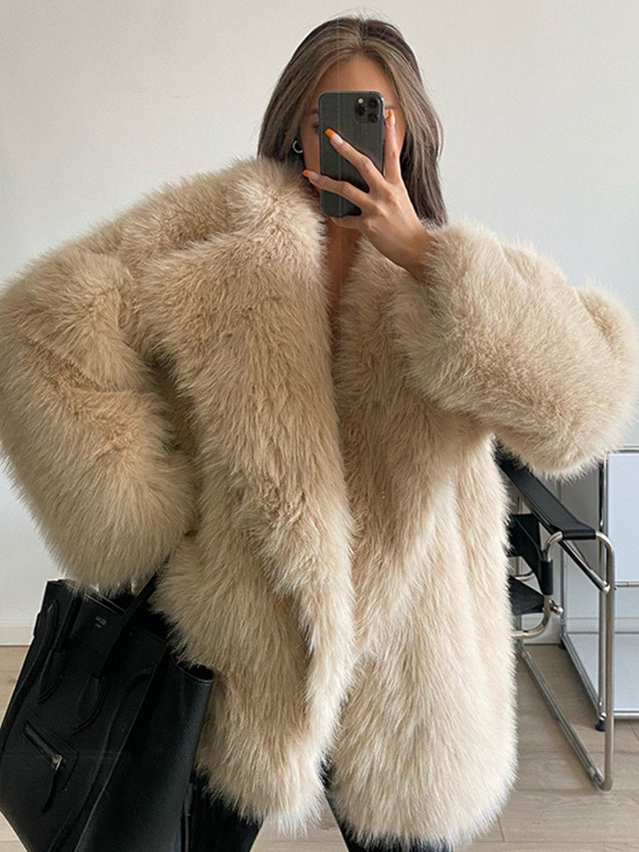 Casual Fashion Lapel Faux Fur Loose Mid-Length Coat