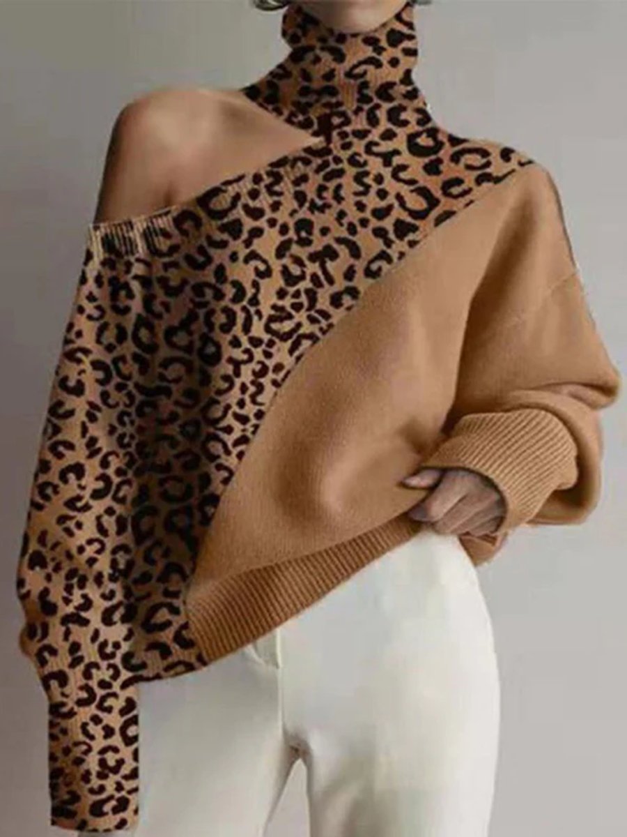 Fashion Retro High Neck Off Shoulder Leopard Print Long Sleeve Knit Sweater