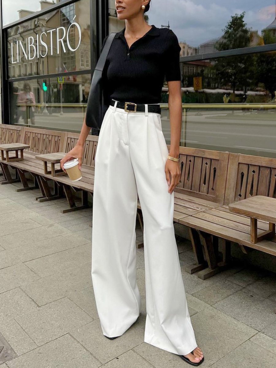 Temperament Commuting White High Waist Wide Leg Pants