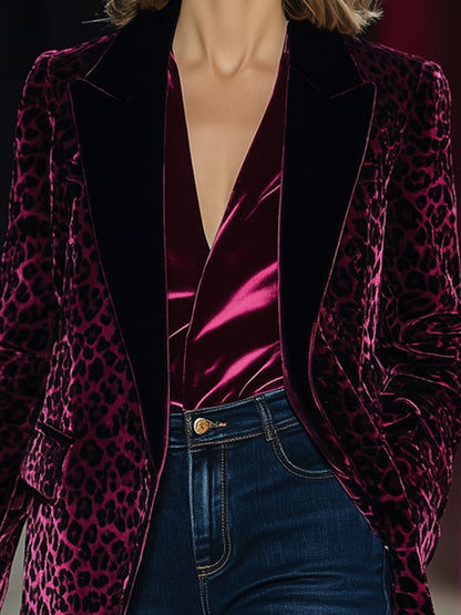 【24-hour shipping】Fashionable Retro Luxury Solid Color Velvet Stitching Leopard Print Lapel Blazer