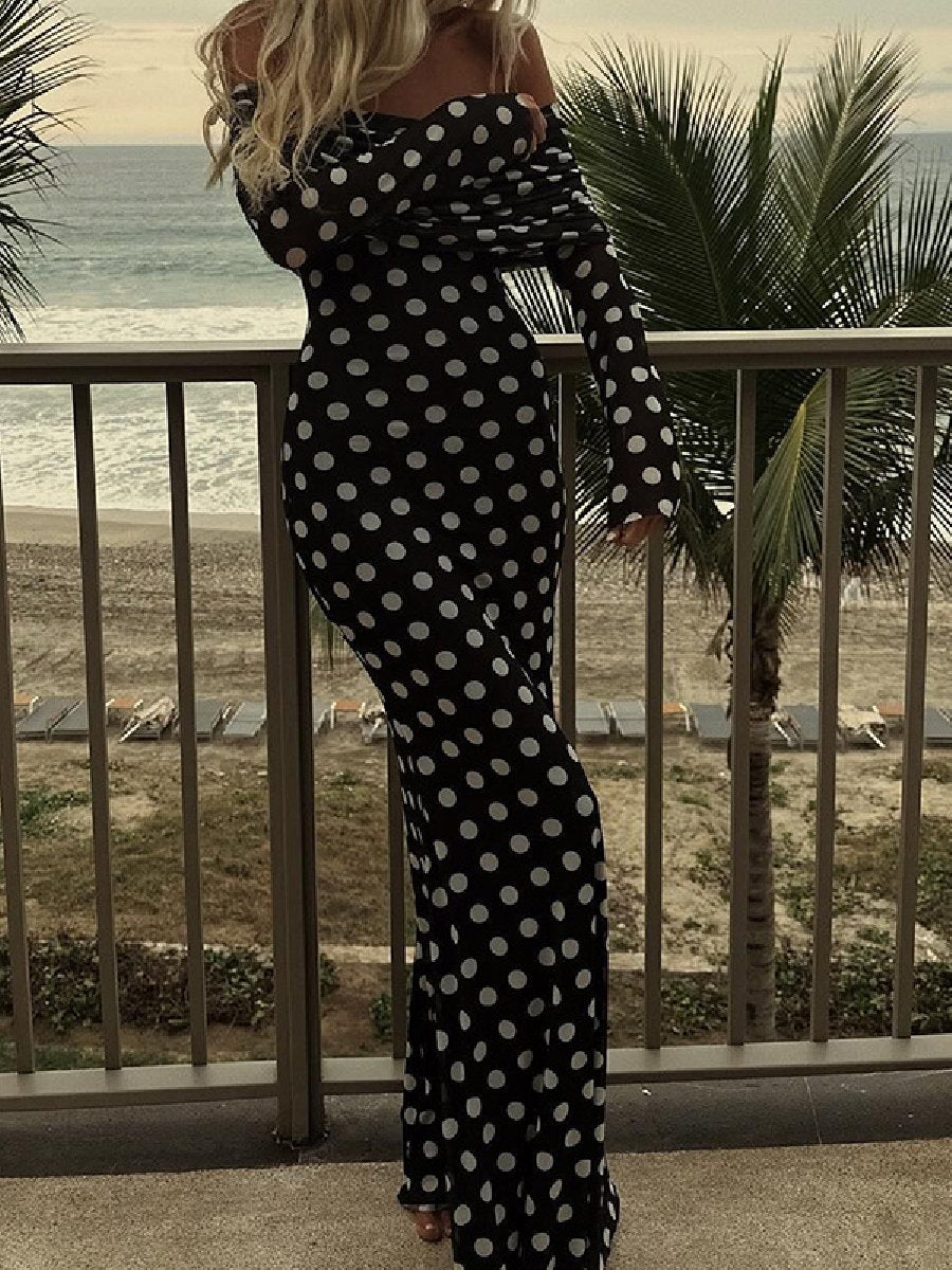 Romantic Mesh Polka Dot Slim Fit Long Sleeve Maxi Dress