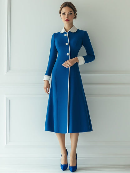 Fashion Contrast Trim Lapel Long Sleeve Midi Dress