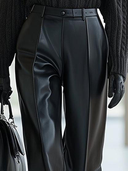 Vintage Fashion Black Button Matte Leather Straight Pants