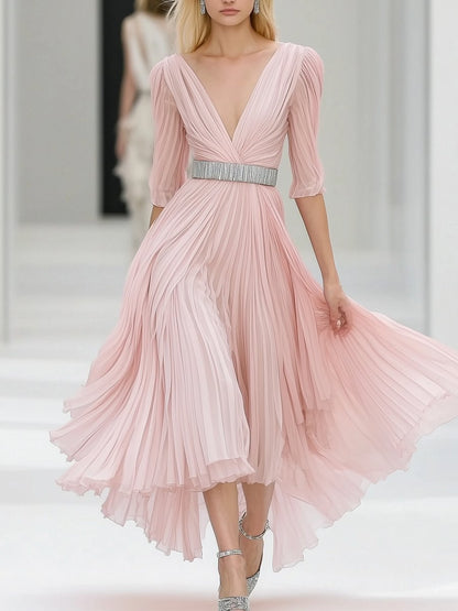 Elegant Pink Tulle V-neck Mid-length Sleeve Maxi Dress