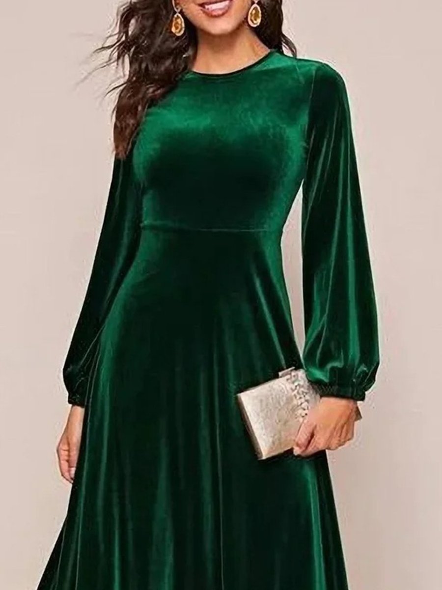 Retro Fashion Round Neck Long Sleeves Long Gold Velvet Dress