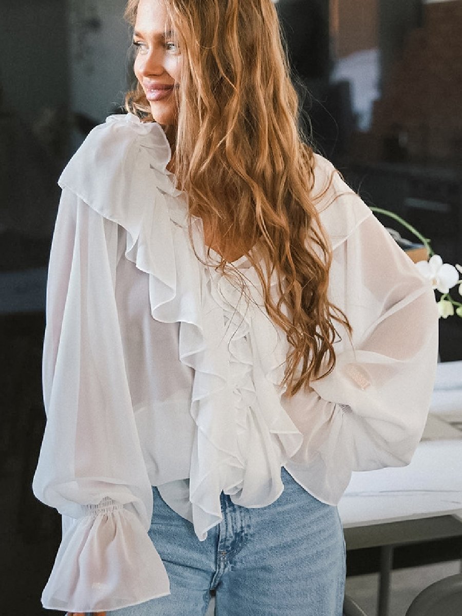 Fashionable Romantic V-neck Flying Sleeve Ruffled Shirt