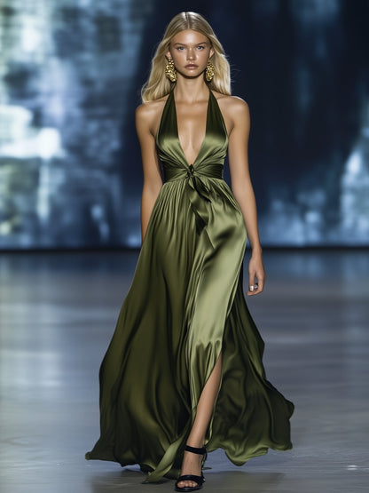 Elegant Dark Green V-Neck Satin Waist Maxi Dress