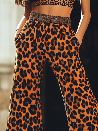 Fashion Retro Leopard Print Casual Stitching Wide-leg Pants