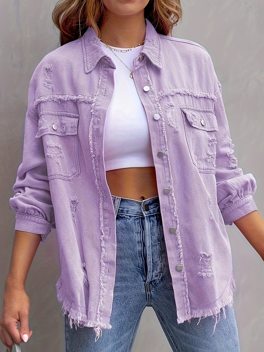 Fashionable Casual Solid Color Mid-length Ripped Long-sleeved Denim Jacket