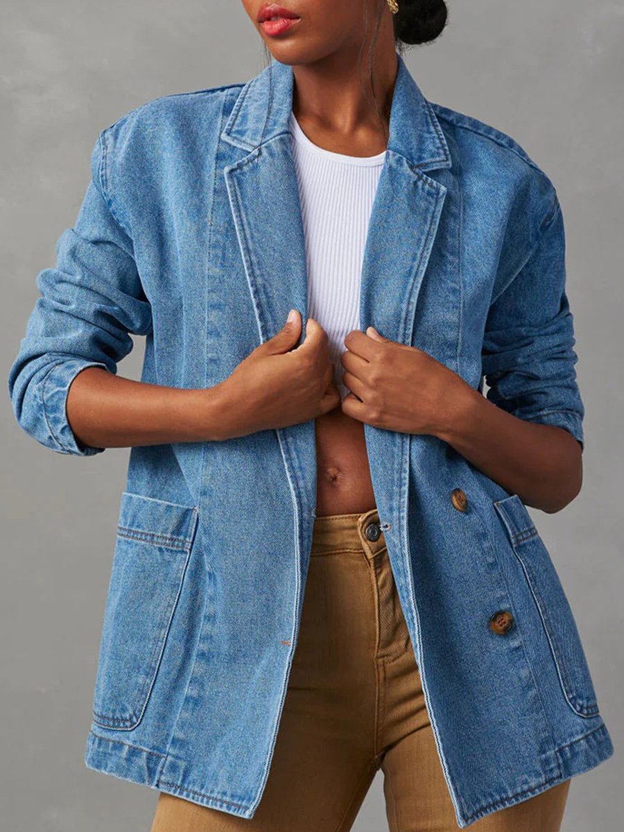 Fashion Casual Washed Blue Denim Suit Jacket