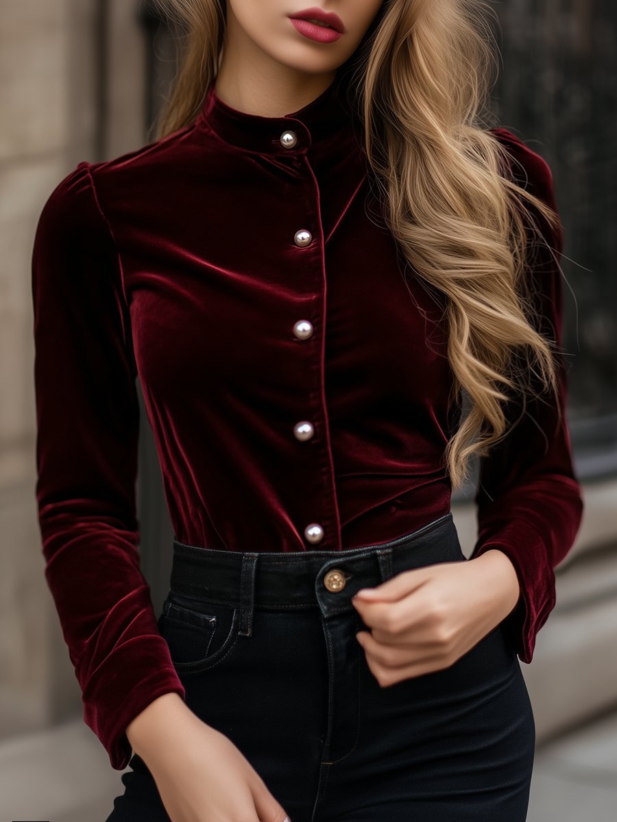 Retro Fashion Round Neck Pearl Button Velvet Bloues