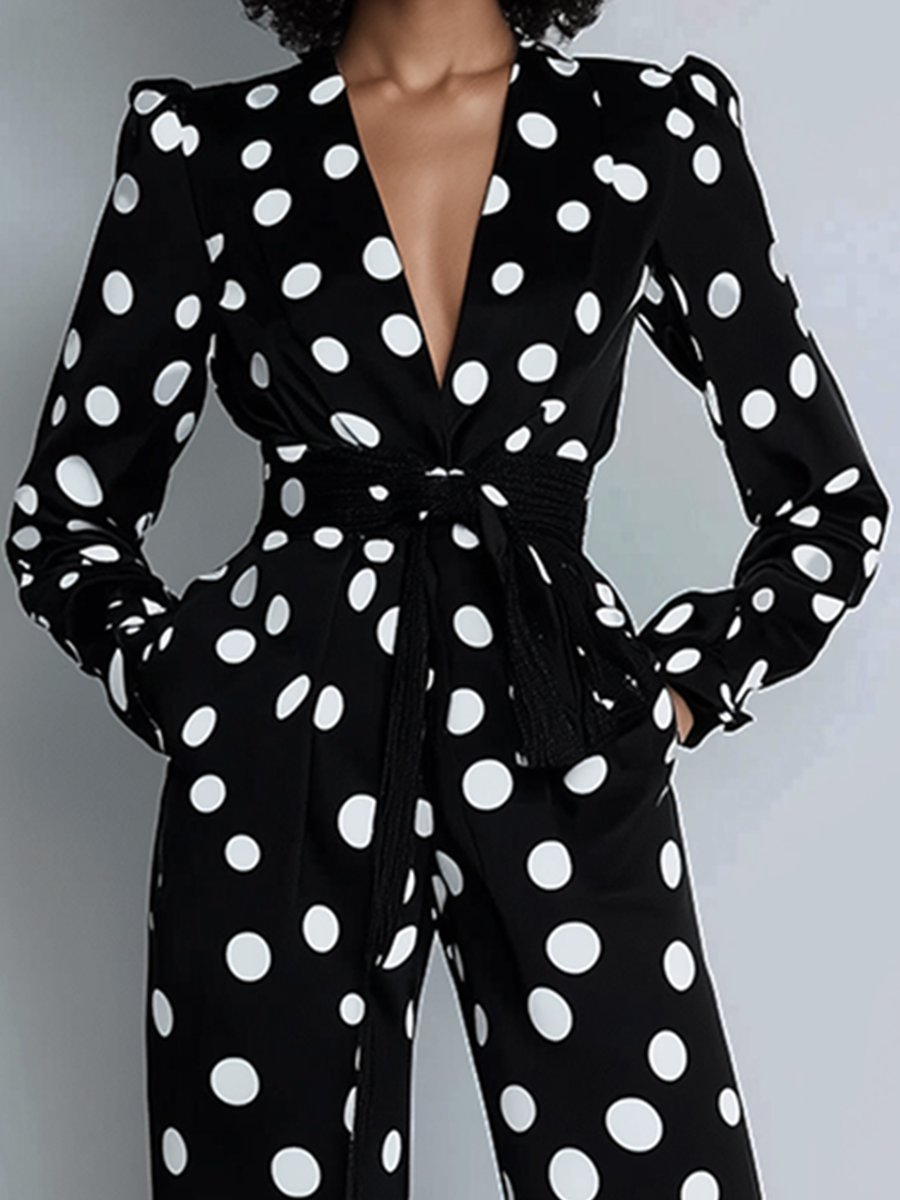 Fashion Retro Belt Lapel Large Polka Dot Long Sleeve Pocket Wide Leg Jumpsuit