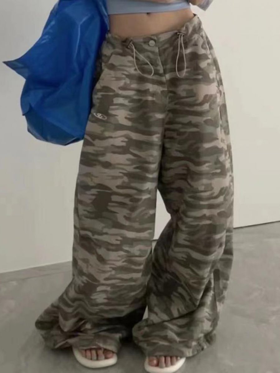 Camouflage Drawstring Trousers Loose Cargo Wide-leg Mopping Trousers