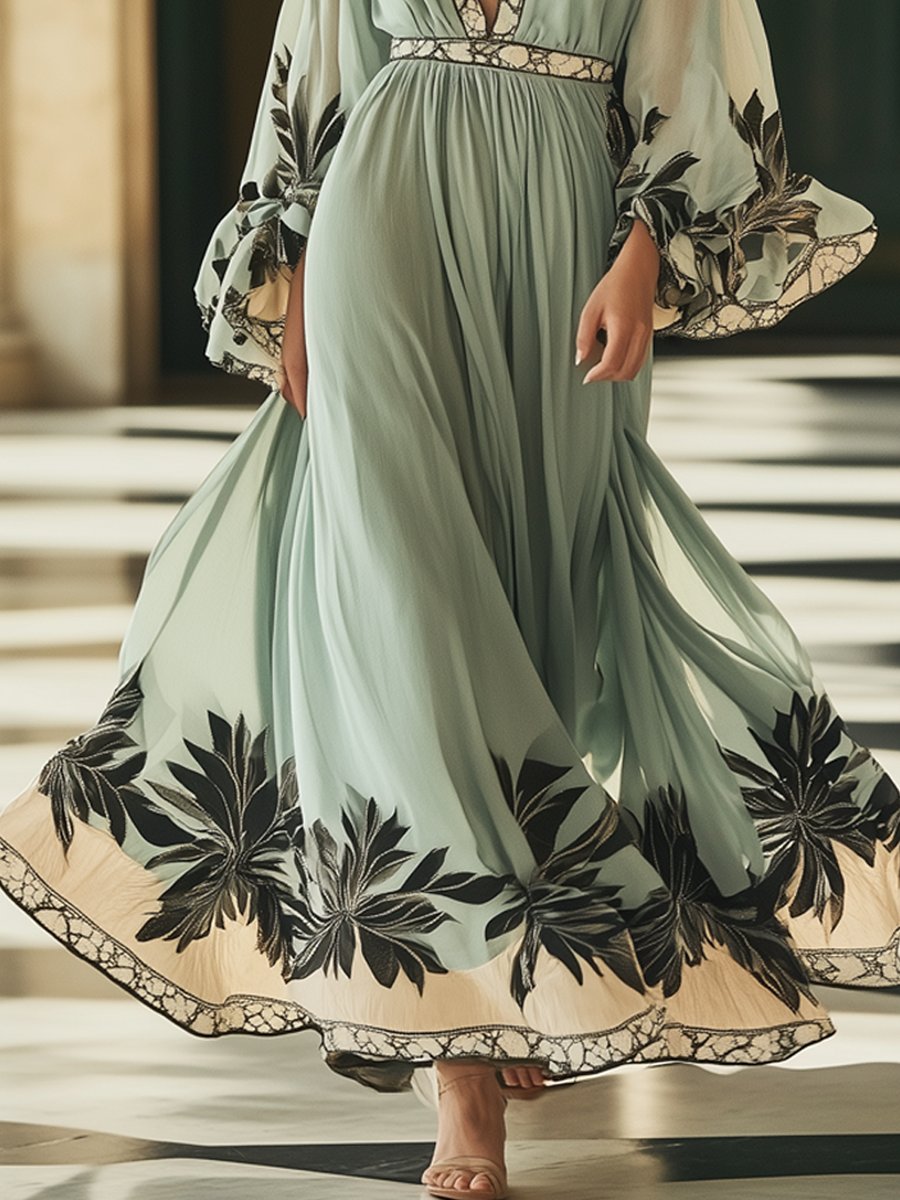 Flowy Light Green Floral Print Trumpet Sleeve Maxi Dress