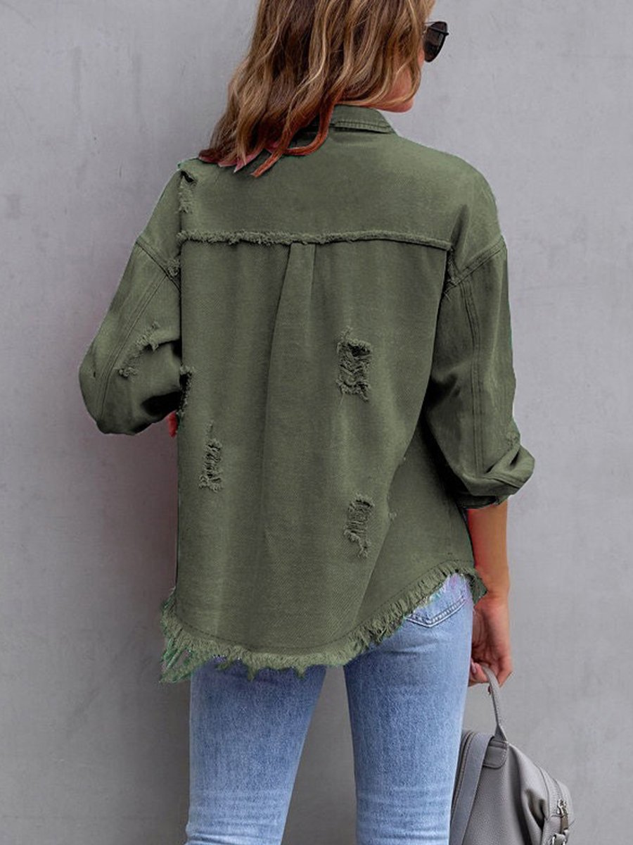 Fashionable Casual Solid Color Mid-length Ripped Long-sleeved Denim Jacket