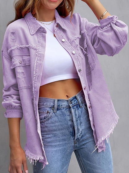 Fashionable Casual Solid Color Mid-length Ripped Long-sleeved Denim Jacket