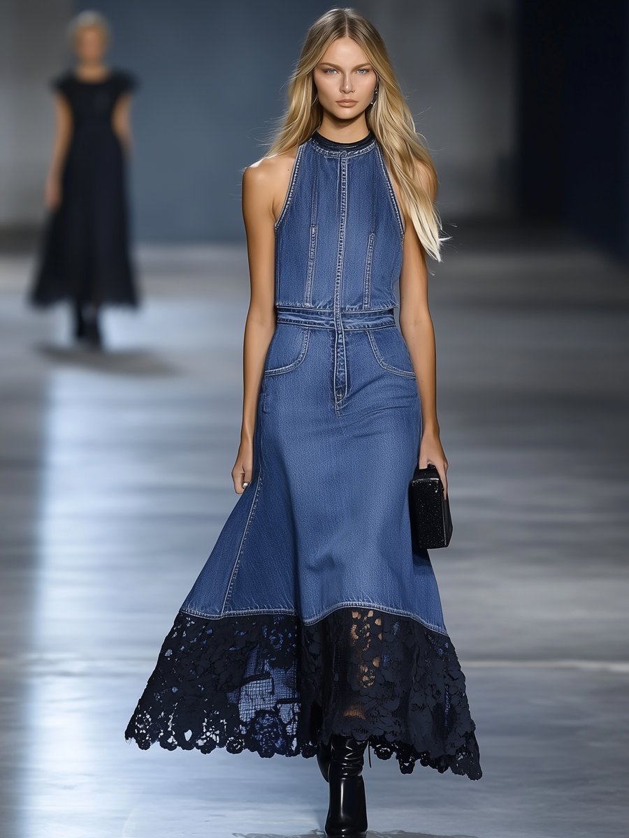 Elegant Denim Lace Maxi Dress