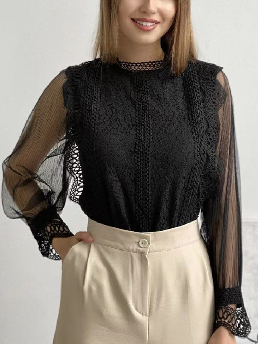 Elegant Mesh Puff Sleeve Lace Shirt