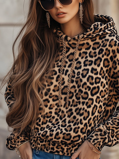 Retro Fashion Long Sleeve Leopard Print Metal Chain Hooded Sweatshirt