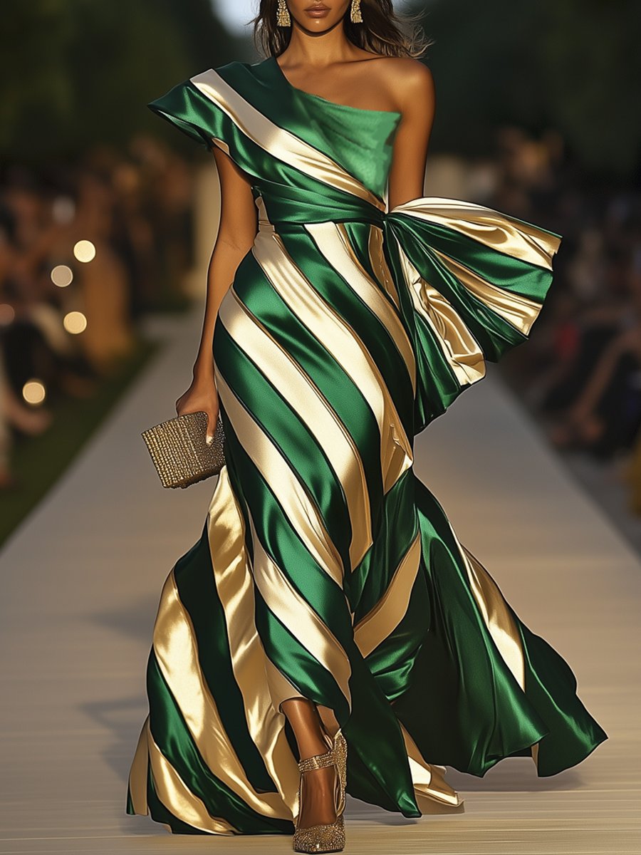 Elegant Striped Sleeveless Emerald Green Twill Printed Big Bow Maxi Dress