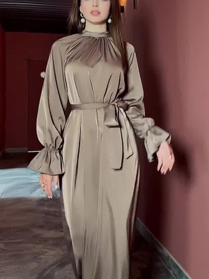 Classic Satin Long Sleeve Loose Belted Maxi Dress