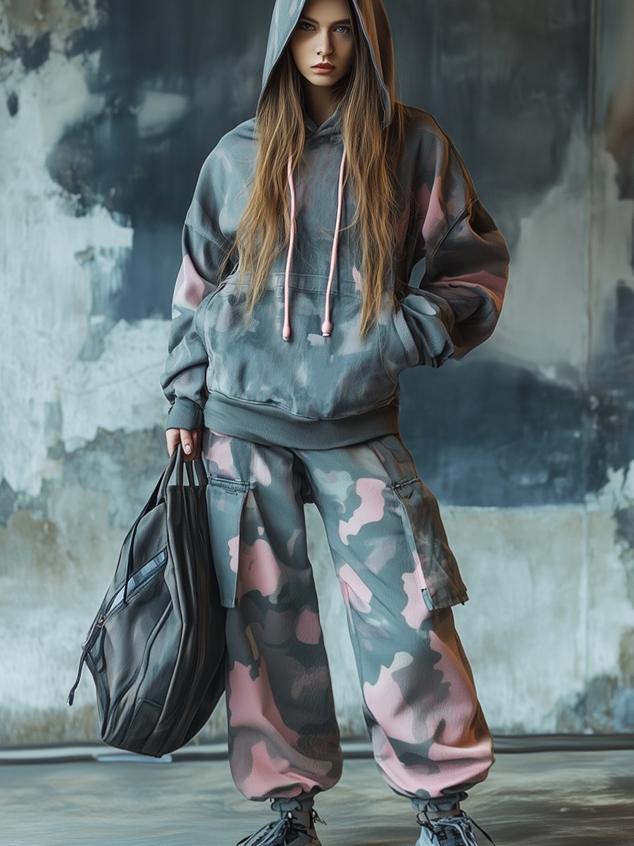 Retro Fashion Casual Hooded Big Pocket Sweatshirt and Cuffed Pants Camouflage Two-piece Set