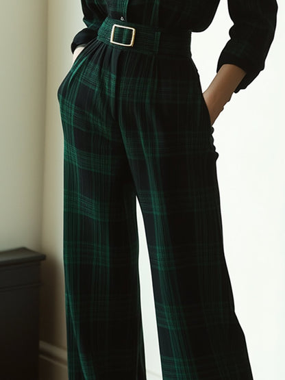 Retro Fashion Lapel Belt Plaid Jumpsuit