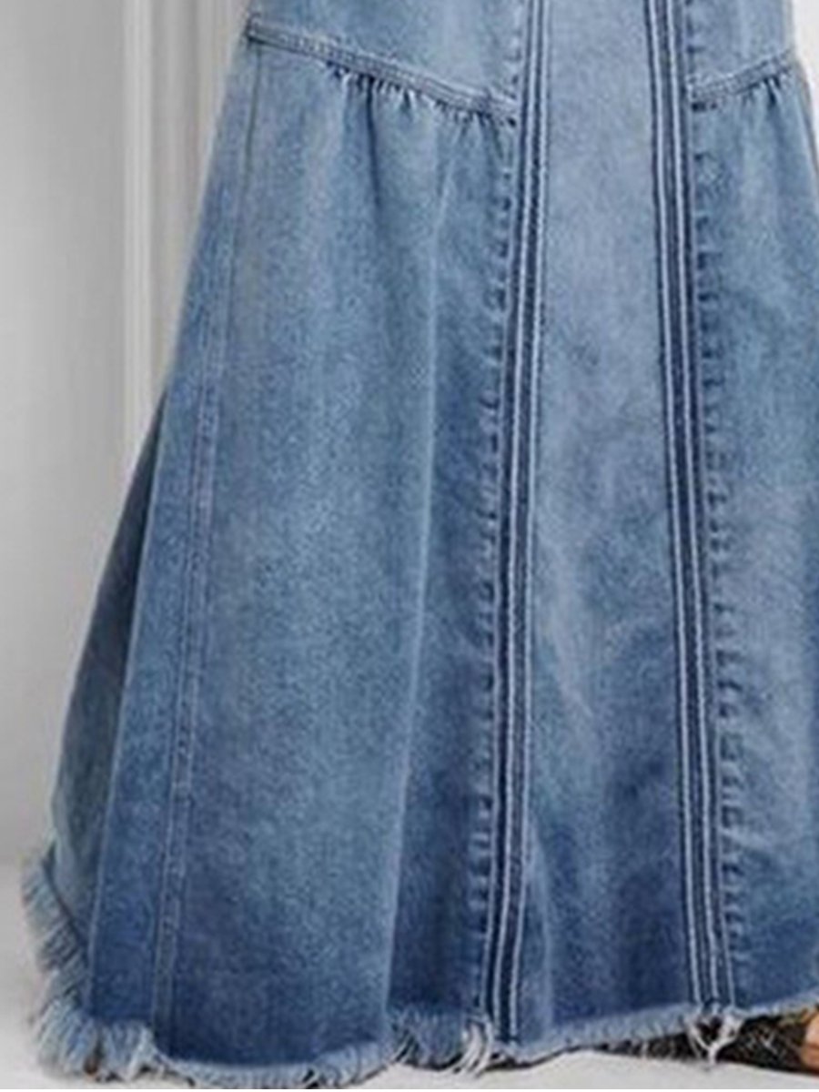 Fashionable Casual Strapped Brushed Elastic High Waist Simple Denim Skirt