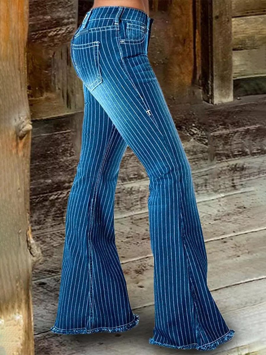 Vintage Fashion Mid-Rise Striped Flared Jeans