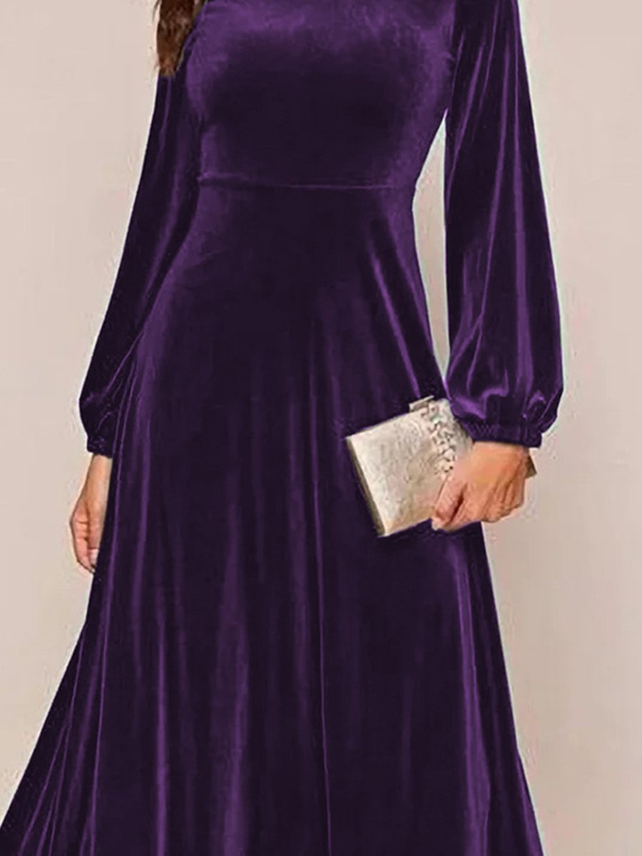 Retro Fashion Round Neck Long Sleeves Long Gold Velvet Dress