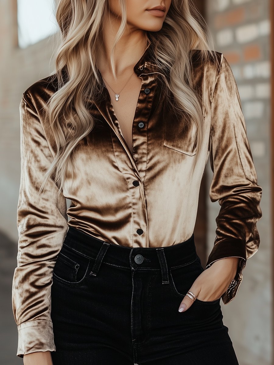 Luxury Vintage Fashion Light Color Button Lapel Blouse